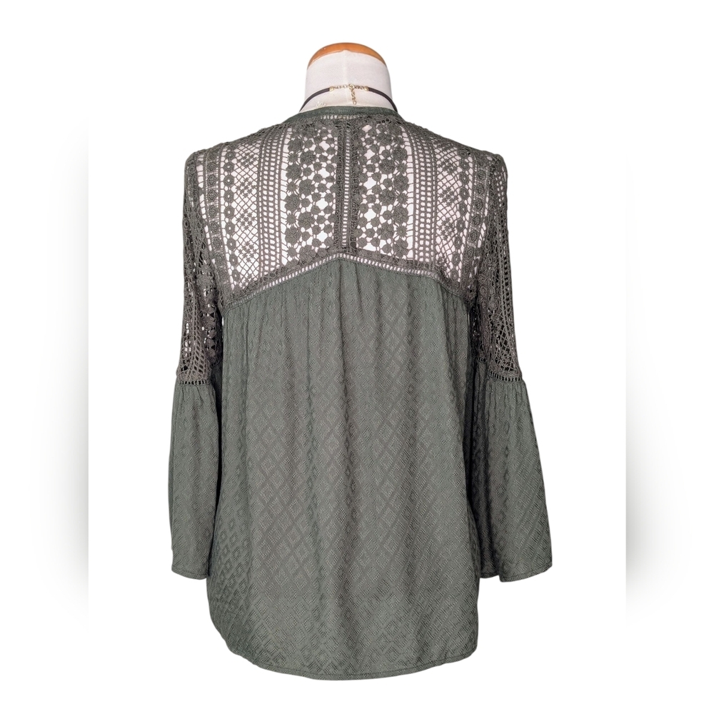 NWT LOVESTITCH Olive Green Sahara Mixed Lace Top Sz Small Rayon Flowy Boho Chic - Picture 15 of 17